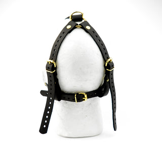 Black Head Harness Ball Gag - Black Ball With Gold Hardware