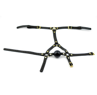 Black Head Harness Ball Gag - Black Ball With Gold Hardware