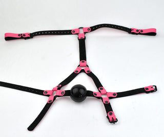 Hot Pink & Black hardware Head Harness Ball Gag - Black ball