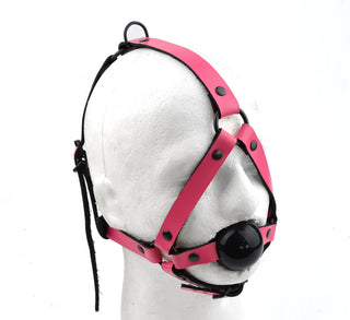 BDSM Online Store | Hot Pink & Black hardware Head Harness Ball Gag - Black ball