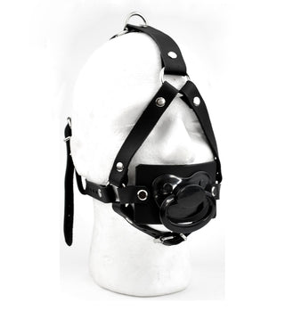 BDSM Products | Leather Dummy Panel Gag Head harness - Black with Black Dummy