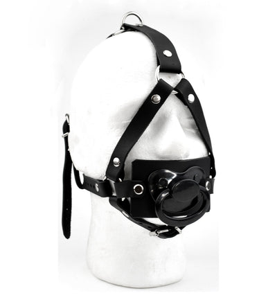 BDSM Products | Leather Dummy Panel Gag Head harness - Black with Black Dummy