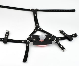 Leather Dummy Panel Gag Head harness - Black with Pink Dummy