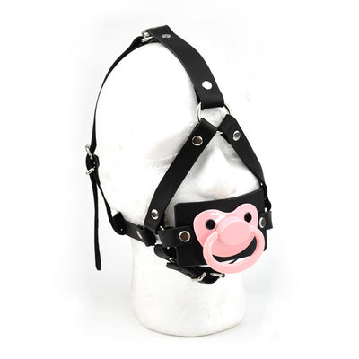Leather Dummy Panel Gag Head harness - Black with Pink Dummy | Mercy Industries 