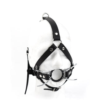 Open Mouth Spider Gag Strict Head Harness - Black leather | BDSM
