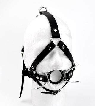 Open Mouth Spider Gag Strict Head Harness - Black leather