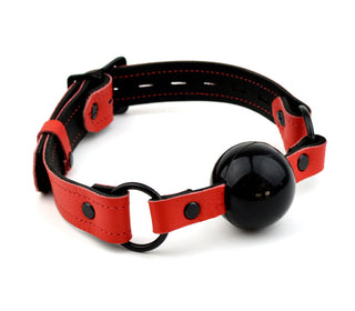 Red Leather Premium Single Strap Ball Gag - Black Ball | Mercy Industries