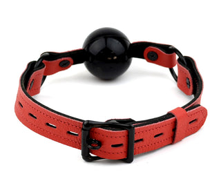 Red Leather Premium Single Strap Ball Gag - Black Ball