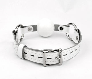 White Leather Premium Single Strap Ball Gag - White Ball