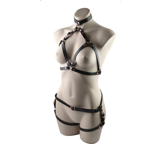 Black Leather & Rose Gold Aurum Collar Bra & Lower Body Harness Set