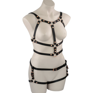 Black Leather & Rose Gold Aurum Goddess and Lower Body Harness Set