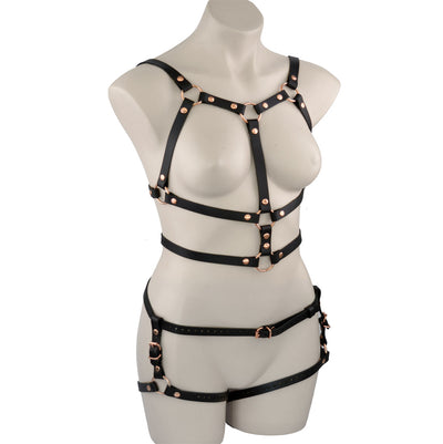 Black Leather & Rose Gold Aurum Goddess and Lower Body Harness Set