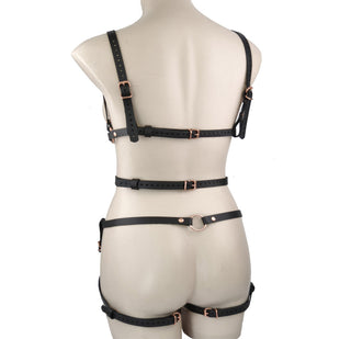 Black Leather & Rose Gold Aurum Goddess and Lower Body Harness Set