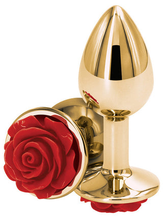 Rear Assets Gold Butt Plug with Red Rose