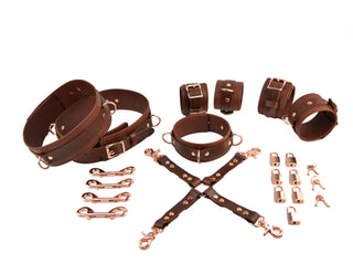 Premium Brown Leather & Rose Gold Restraint Set - Wrist, Ankle & Thigh Cuffs, Collar, Cross Connector, Snap Hooks & Rose Gold Padlocks