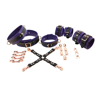 Premium Purple Leather & Rose Gold Restraint Set - Wrist, Ankle & Thigh Cuffs, Collar, Cross Connector, Snap Hooks & Rose Gold Padlocks