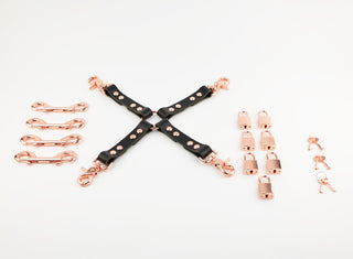 Premium Purple Leather & Rose Gold Restraint Set - Wrist, Ankle & Thigh Cuffs, Collar, Cross Connector, Snap Hooks & Rose Gold Padlocks