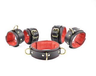 PREMIUM BDSM Leather Restraint Set | Americana Red & Gold | Set of Wrist Ankle Cuffs and Collar