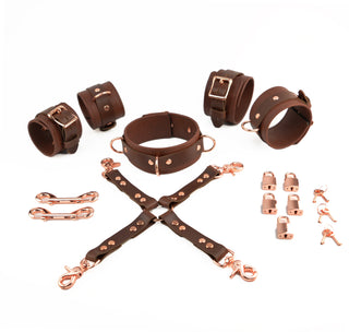 Brown Leather & Rose Gold Restraint Set - Wrist & Ankle Cuffs, Collar, Cross Connector, Snap Hooks & Rose Gold Padlocks