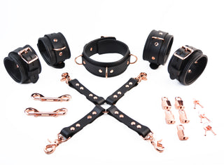 Premium Black Leather Restraint Set - Wrist & Ankle Cuffs, Collar, Cross Connector, Snap Hooks & Rose Gold Padlocks