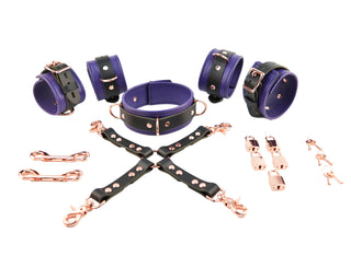 Purple Leather & Rose Gold Restraint Set - Wrist & Ankle Cuffs, Collar, Cross Connector, Snap Hooks & Rose Gold Padlocks