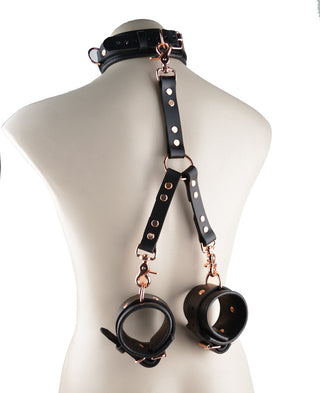Rose Gold Leather Bondage Restraint Set Wrist Cuffs And Collar With 3-Way Connector