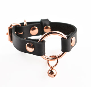 Secret Message Kitten Bell Custom Engraved Wrist Cuff - Black Leather & Rose Gold