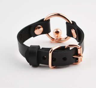 Secret Message Kitten Bell Custom Engraved Wrist Cuff - Black Leather & Rose Gold
