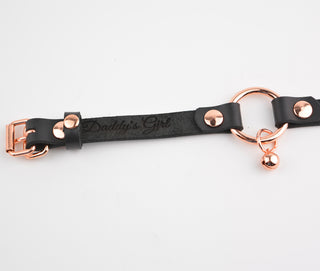 Secret Message Kitten Bell Custom Engraved Wrist Cuff - Black Leather & Rose Gold