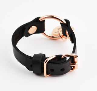 Secret Message Custom Engraved Love Heart Pendant Wrist Cuff - Black Leather & Rose Gold