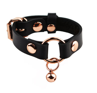 Secret Message Kitten Bell Custom Engraved Wrist Cuff - Black Leather & Rose Gold