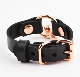 Secret Message Kitten Bell Custom Engraved Wrist Cuff - Black Leather & Rose Gold