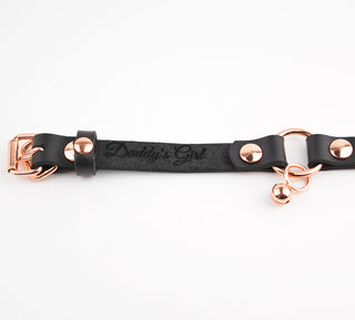 Secret Message Kitten Bell Custom Engraved Wrist Cuff - Black Leather & Rose Gold