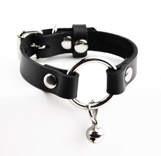 Secret Message Kitten Bell Custom Engraved Wrist Cuff - Black Leather & Silver