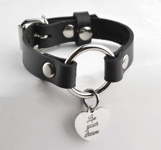 Secret Message Custom Engraved Love Heart Pendant Wrist Cuff - Black Leather & Silver