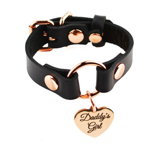 Secret Message Custom Engraved Love Heart Pendant Wrist Cuff - Black Leather & Rose Gold