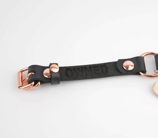 Secret Message Custom Engraved Love Heart Pendant Wrist Cuff - Black Leather & Rose Gold