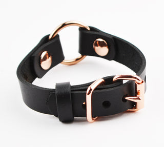 Secret Message Custom Engraved Wrist Cuff - Black Leather & Rose Gold