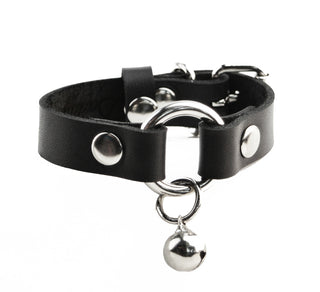 Secret Message Kitten Bell Custom Engraved Wrist Cuff - Black Leather & Silver
