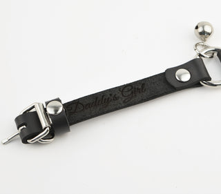 Secret Message Kitten Bell Custom Engraved Wrist Cuff - Black Leather & Silver