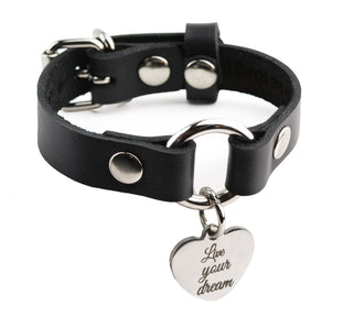 Secret Message Custom Engraved Love Heart Pendant Wrist Cuff - Black Leather & Silver