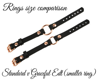 Secret Message Kitten Bell Custom Engraved Wrist Cuff - Black Leather & Rose Gold