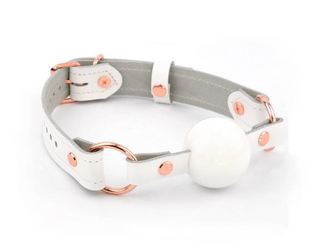 White Leather & Rose Gold Premium Single Strap Ball Gag - White Ball