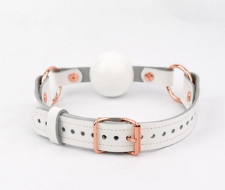 White Leather & Rose Gold Premium Single Strap Ball Gag - White Ball
