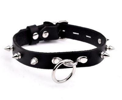 Spiked Black Leather Bondage Collar With O-ring Attachment