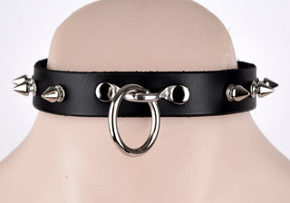 Spiked Black Leather Bondage Collar With O-ring Attachment