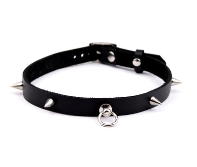 Black Leather Spiked Choker with Small Ring | BDSM Choker