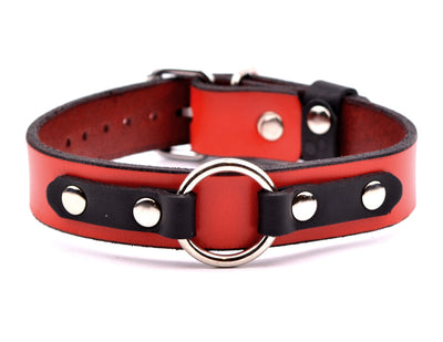 Red with Black Leather Trim O-Ring Collar