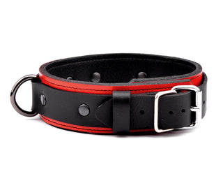 Red & Black Premium Heavy Duty Three D-ring Leather Bondage Collar
