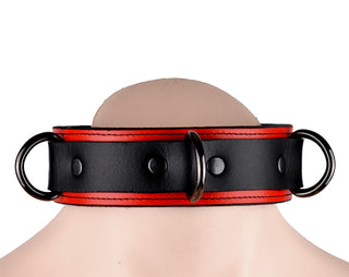 Red & Black Premium Heavy Duty Three D-ring Leather Bondage Collar